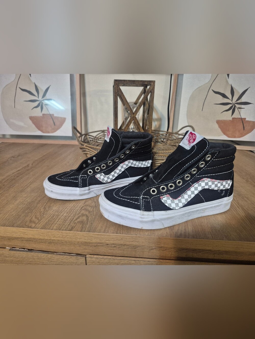 Vans Kids Black High-Top Sneakers with White Checkerboard Stripe (NO SHOELACES)
